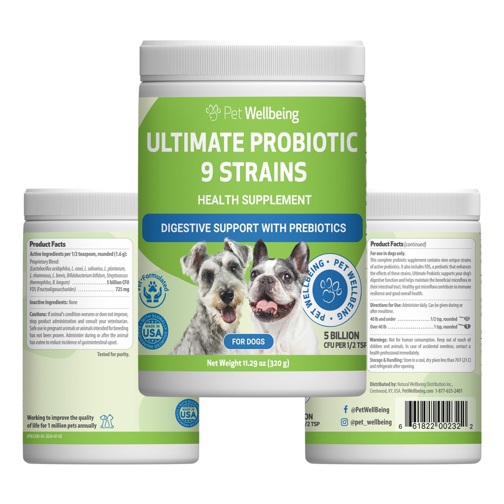 Pet Wellbeing Ultimate Probiotic 9 Strains for Dogs & Cats - Υποστηρίζει το έντερο μικροβιόμετρο και την πέψη, φροντίδα ανοσοποιητικού συστήματος, ούρα Φυλλαδική υγεία, FOS, 2,5 δισεκατομμύρια CFU - 11,29 oz (320 g) σκόνη