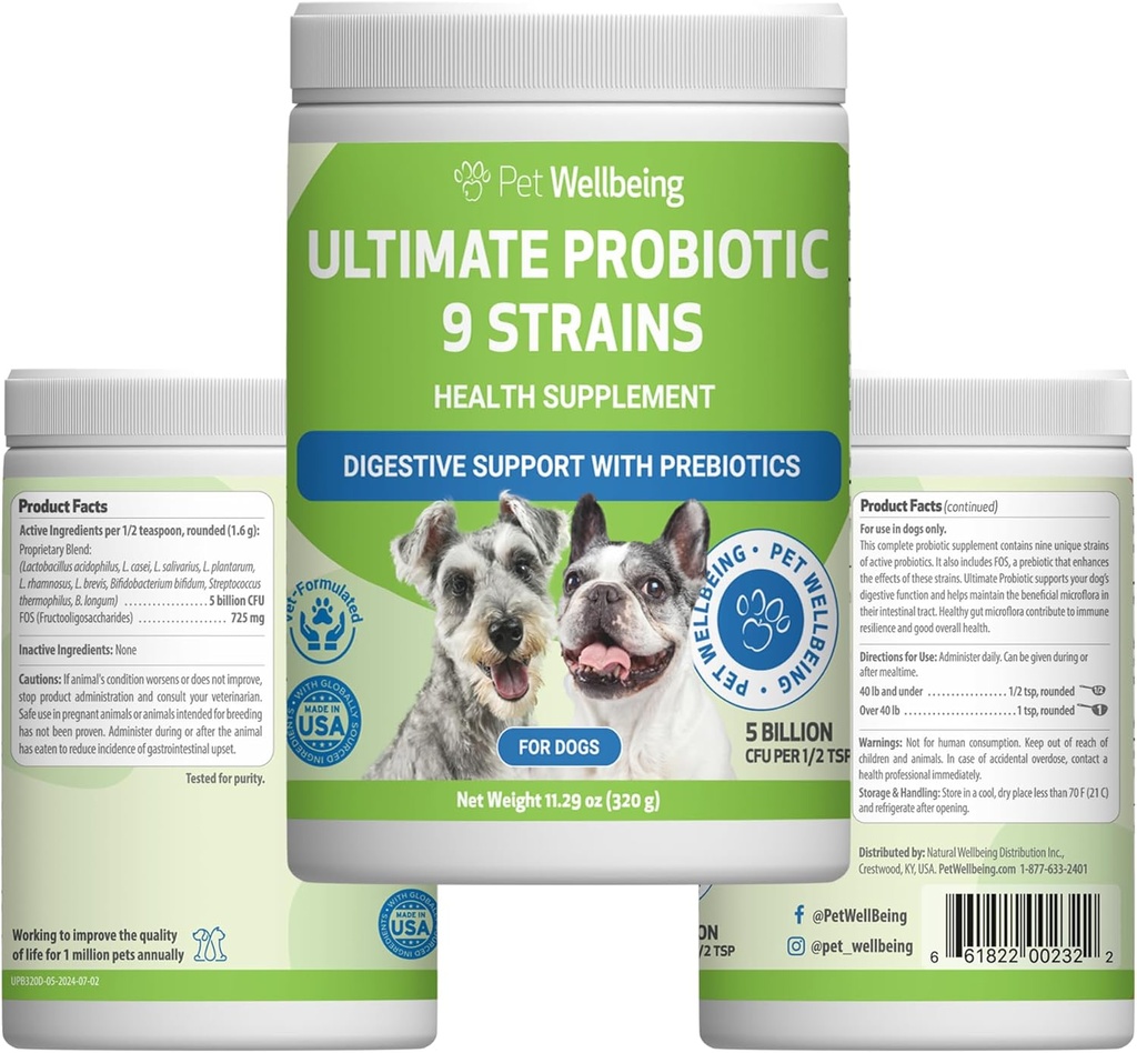 Pet Wellence Ultimate Probiyotik 9 Strains for Dogs & Cats - Gut Microbiome ve Digestion, Immune System Care, Urinary Tract Health, FOS, 2.5 Milyar CFU - 11.29 oz (320 g) Toz
