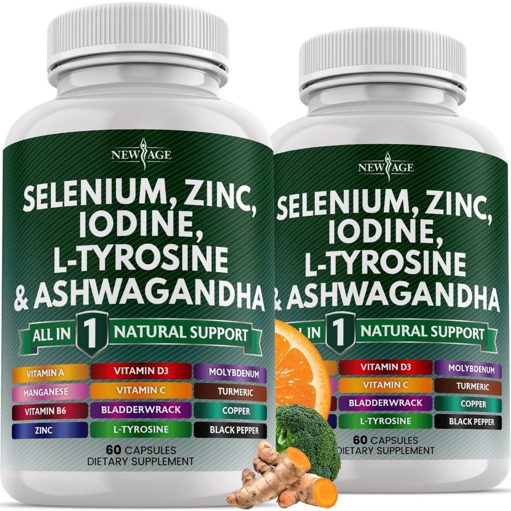 NEW AGE Selenium, çinko, Iodine, L Tyrosine, Ashwagandha - Kadın ve Erkekler için Bladderwrack, Turmeric, Silica Kelp, Schisandra - 120 Kont