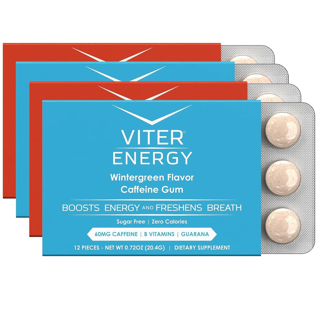 Viter Energy Caffeinated Gum 60 mg Caffeine, B Vitamins, Guarana, Sugar Free. (Variety, 12parça, 4 Pack)