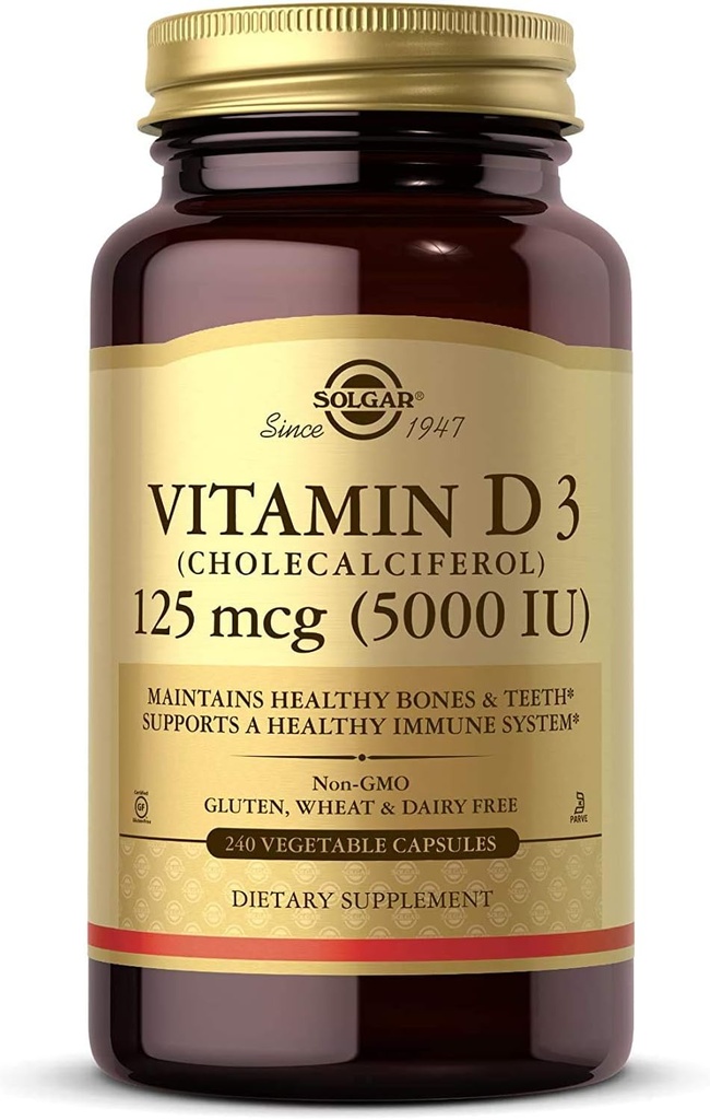 Solgar Vitamin D3 (Cloncalciferol) 125 mcg (5000 IU), 240 Sebze Capsules - Sağlıklı Kemikleri ve Dişleri Korumaya Yardımcı - Immune System Support - Non-GMO, Gluten Free - 240 Toplam Hizmetler