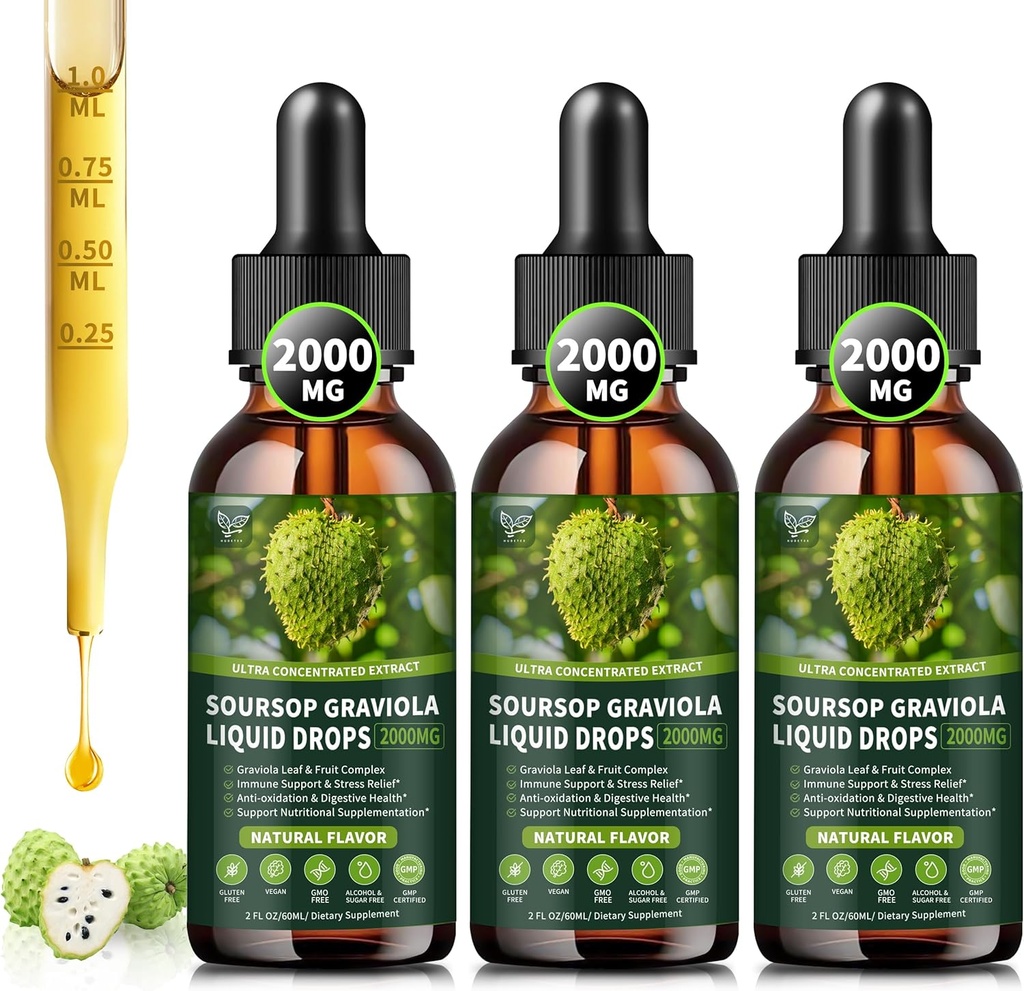 (3 Pack) Soursop Graviola Liquid Drops 2000 mg, Hücre Desteği ve Rejenerasyon için %98 Aborsiyon, Immune Boost, Liver, Herbal Goodness, Soursop Bitters Liquid-Sugar/Gluten Free, Natural Flavor, 6 Fl Oz
