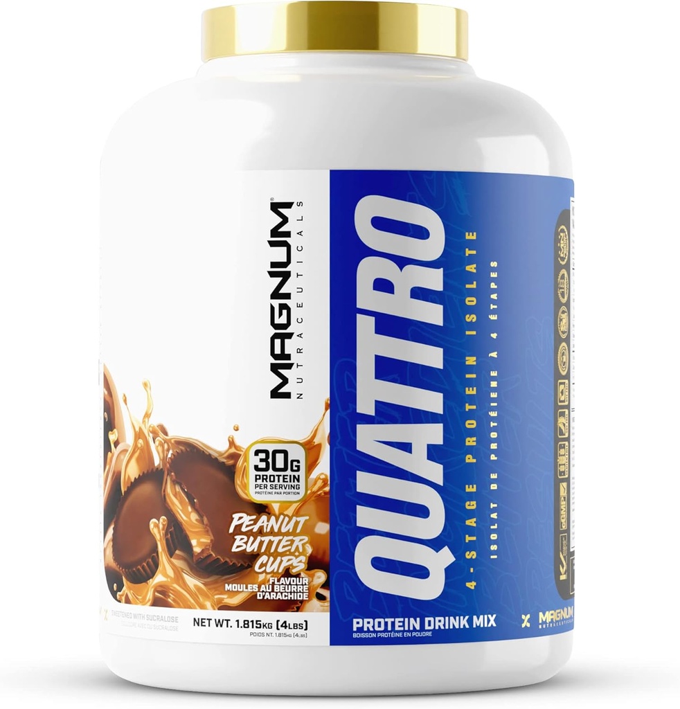 Magnum Nutraceuticals Quattro Whey Protein Powder, Pinut Butter Cup 4lb – Premium Protein Isolate Blend για την ανάπτυξη των μυών & την αποκατάσταση