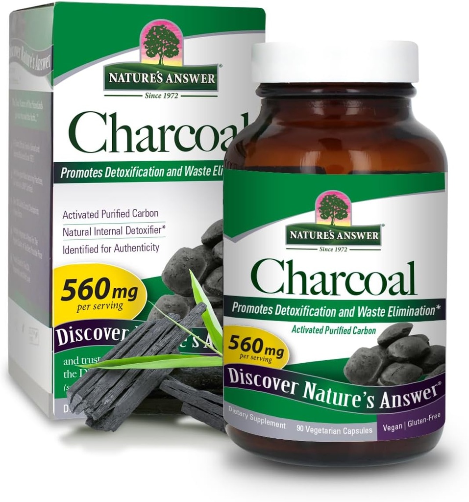 Nature's Answer Charcoal 90-Capsules | Doğal Olarak Detoxification & Waste Elimination | Vegan, Gluten & Alkol Özgür, Hiçbir Preservatives | Single Count