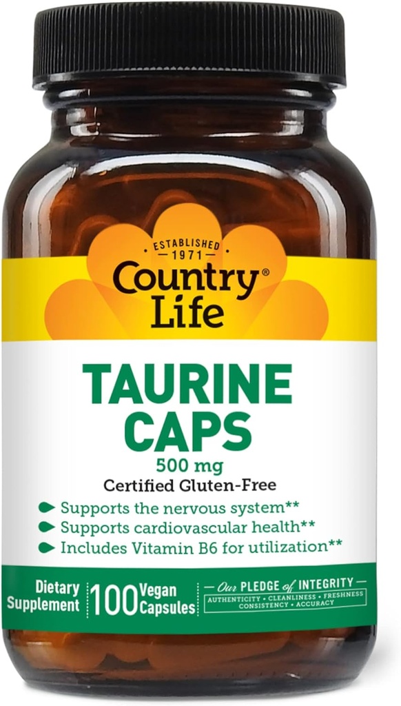 Country Life Taurine Supplement 500mg - Υποστηρίζει Καρδιαγγειακό και Νευρικό Σύστημα - 100 Κάψουλες