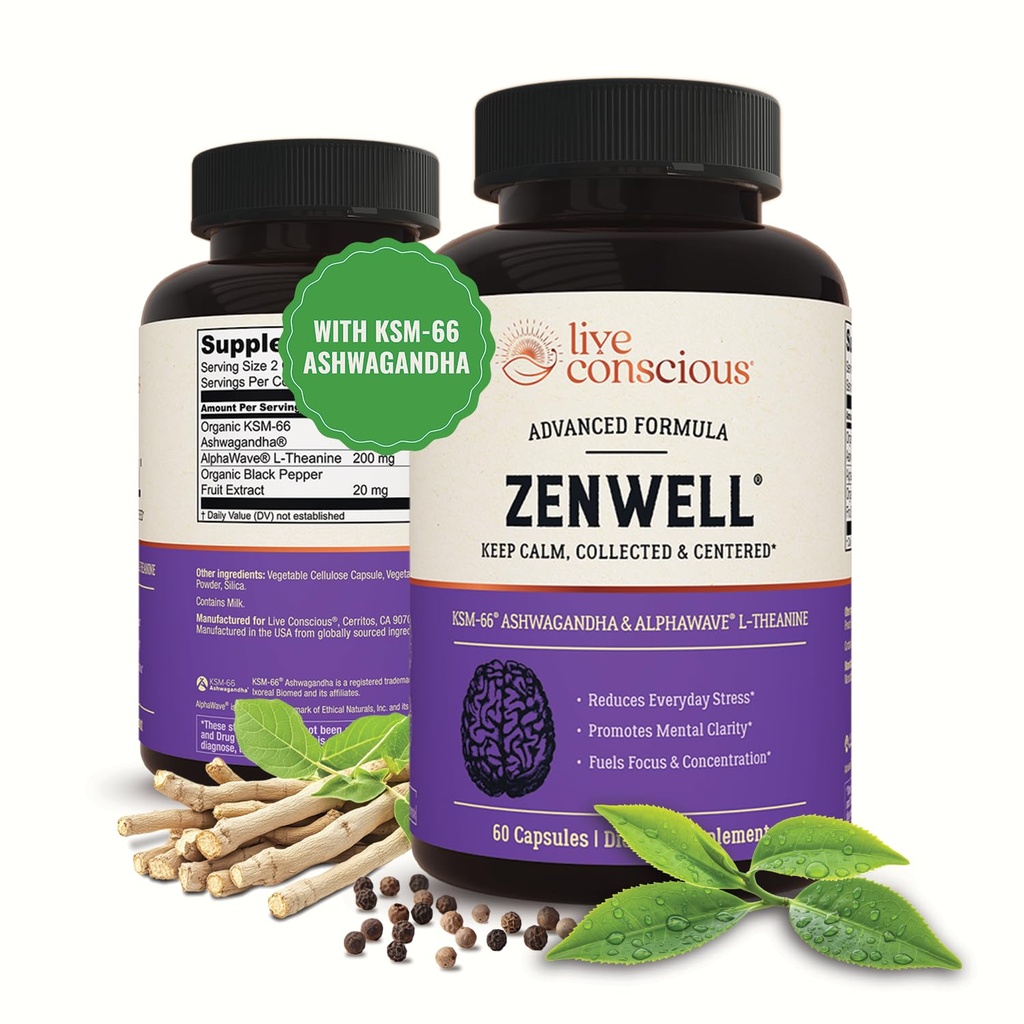 Live Conscious KSM-66 Ashwagandha Supplement w/L Theanine & AlphaWave - ZenE Günlük Stres Yardımı, Bilişsel, Beyin Sağlığı - Erkekler ve Kadınlar için Ashwagandha - 60 Capsules
