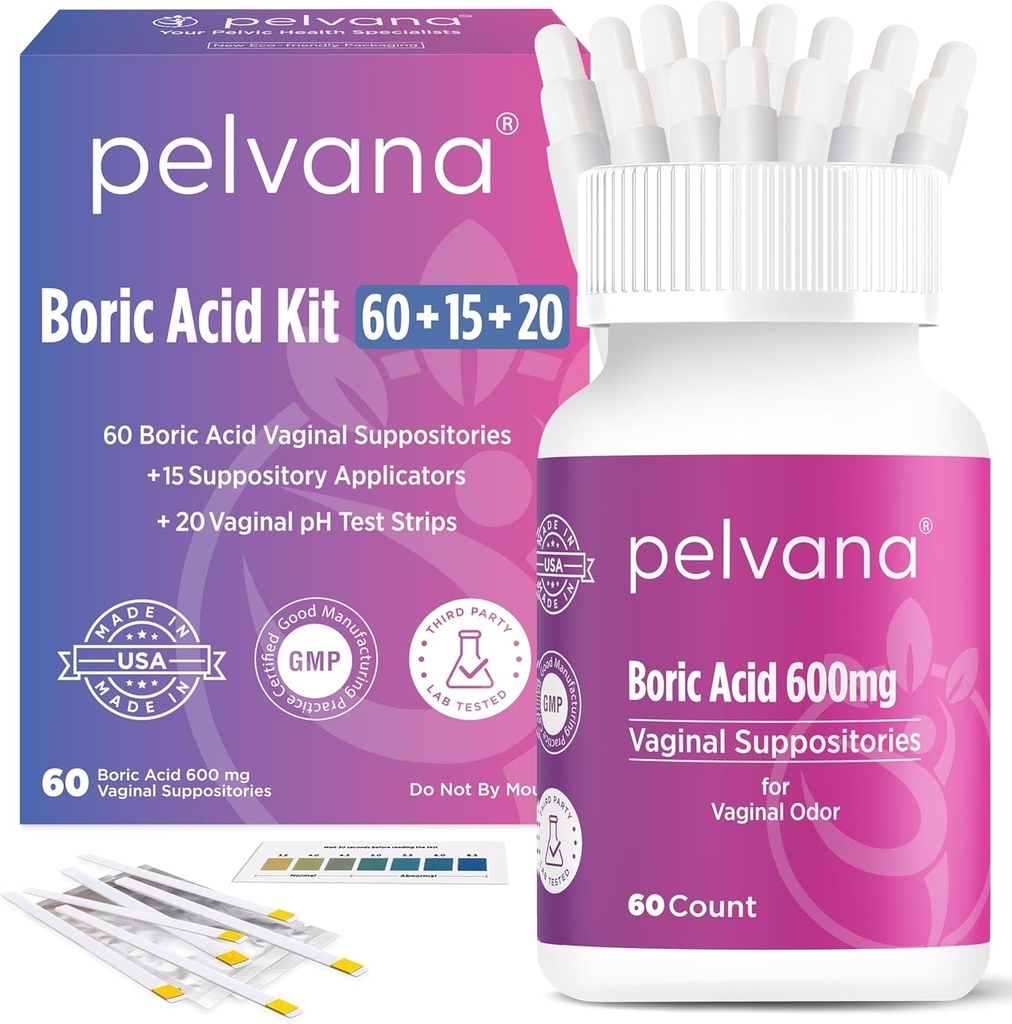 Pelvana Boric Acid Υποθεσίες για γυναίκες 60 + 15 Εφαρμοστές + 20 ταινίες δοκιμής pH = 95 Κιτ κομματιών για κολπική ODOR - εργαστήριο τρίτου μέρους δοκιμαστεί & Κατασκευάζεται στις ΗΠΑ