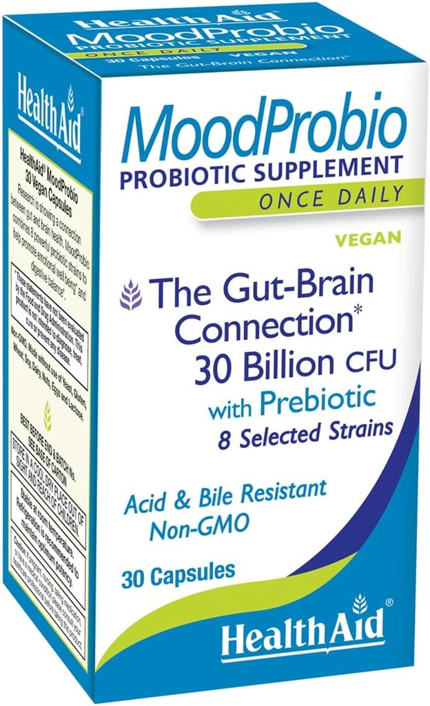 SağlıkAid MoodProbio 30 Ct, 30 Milyar CFU with Prebiyotik, 8 Seçilmiş Strains, Once Daily, Acid & Bile Dayanıklı, Gluten, Süt ve GMO Free, Vegan