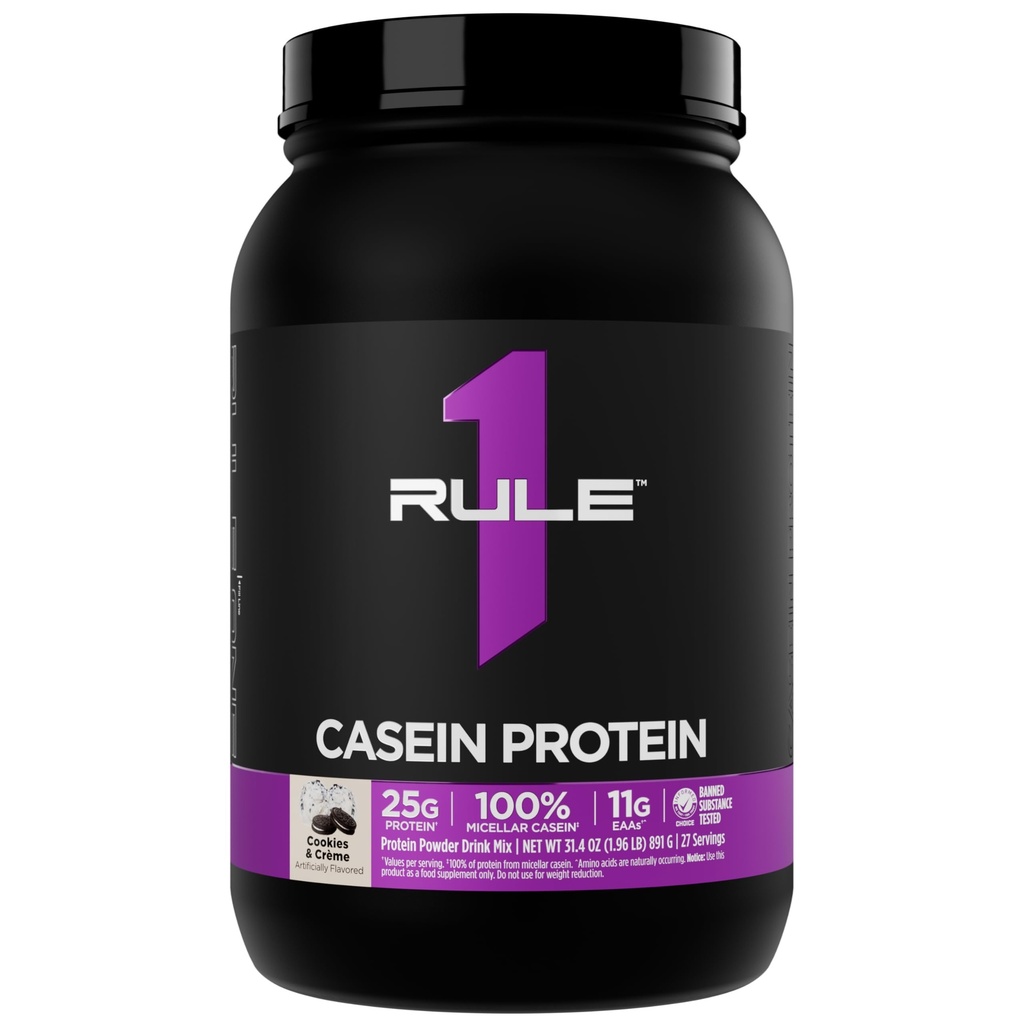 Rule 1 Proteins Casein Protein - 25g Protein and 11g EAAs Per Serving from Slow-Release Micellar Casein for Overnight Recovery and Sustained Delivery Between Meals (2 Pounds, Cookies & Crème)