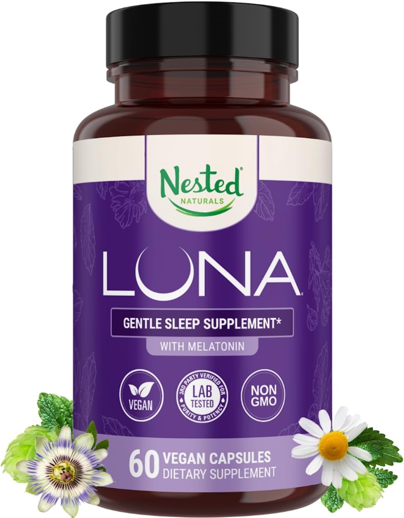 Φωλιασμένα φυσικά Luna Sleep Aid - Non-Habit Forming φυσικά χάπια ύπνου για ενήλικες με φυσικά πηγασμένα συστατικά - βαλεριάνα ρίζα, μελατονίνη, χαμομήλι, λεμόνι βάλσαμο, και περισσότερα - 60 κάψουλες Vegan