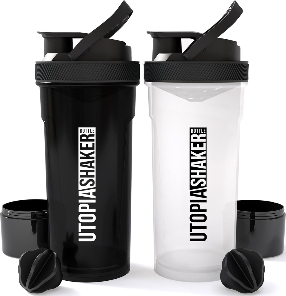 Utopia Home Shaker Bottle 2 Pack - 24 Ounce Plastic Protein or Cocktail Shaker Bottle for Pre & Post workout with Twist & Lock Protein Box Storage (All Black & Clear/Black)