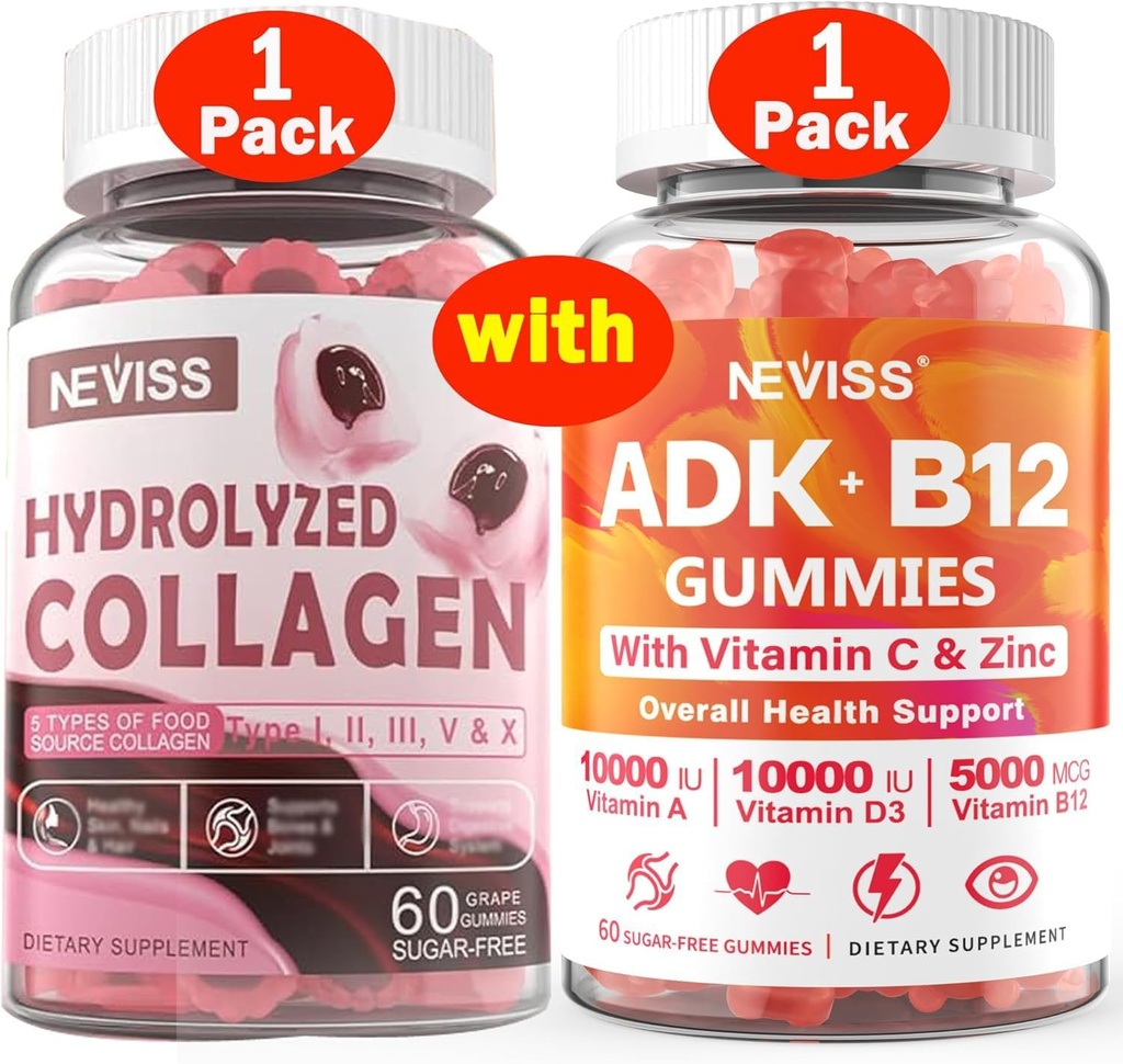 NEVISS 1Pack Hydrolyzed Collagen Gummies + 1Pack Vitamin ADK ile B12 Gummies