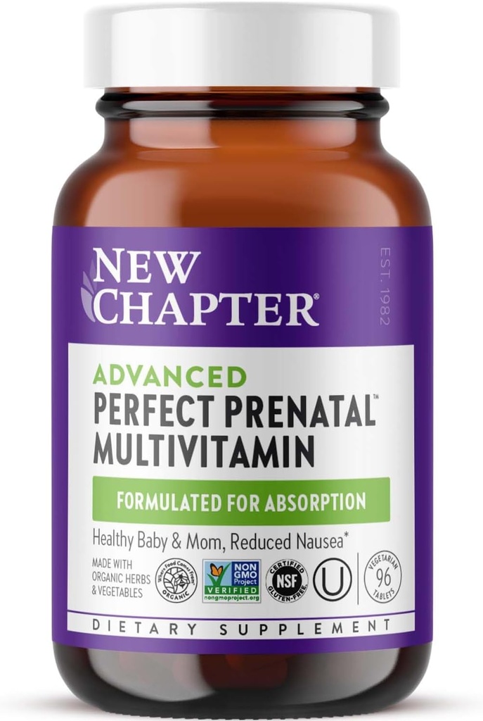 New Chapter Advanced Perfect Prenatal Vitamins, 96ct, Made with Organic, Non-GMO Ingredients for Healthy Baby & Mom - Folate (Methylfolate), Whole-Food Fermented Iron, Vitamin D3 + Ginger