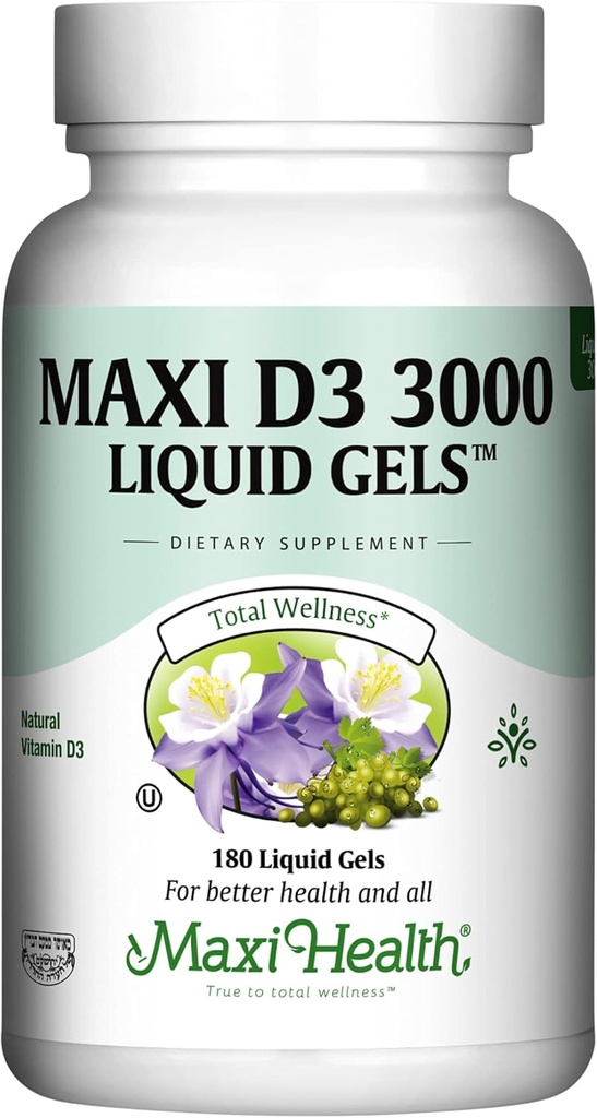 Maxi Health Vitamin D3 3000 IU 75 mcg Vitamin D Supplement for Health Bones, Teeth, Immune Support - VIT D3 Supplement Easy to Swallow Non-GMO, Supplement for Men and Women – Kosher 180 Gels