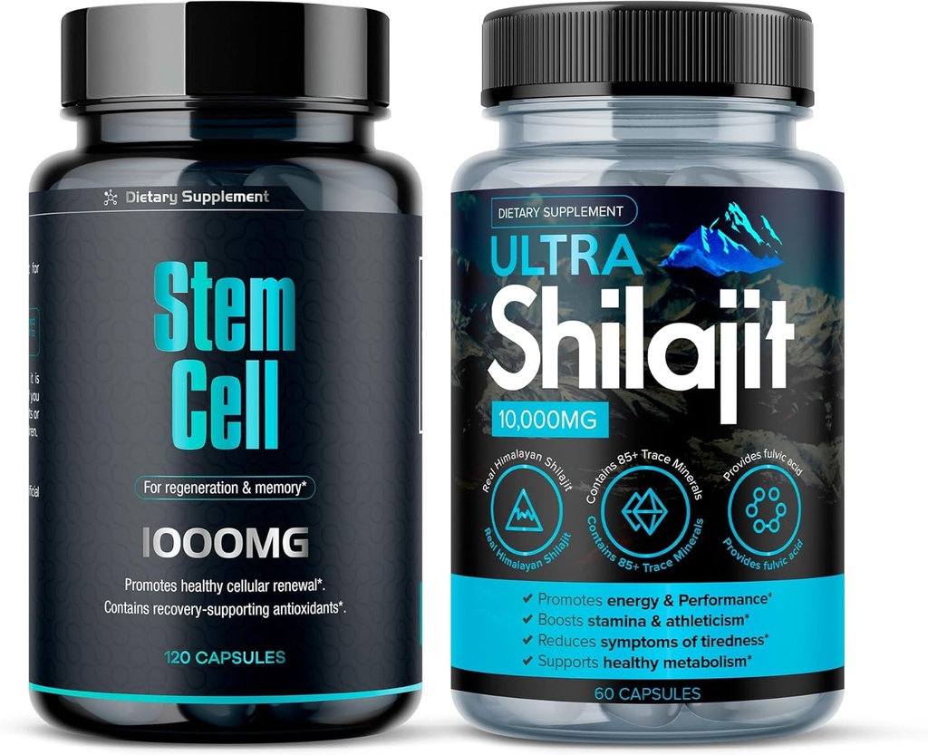Premium Stem Hücre 1000 mg (120Ct) & Shilajit Supplement 10.000 mg (60Ct) | Vitality ATM Pack | Boosts Immunity & Energy | Natural Antiaging & Longevity | Spirulina, Chlorella & Mineral Ekstraksiyon (1)