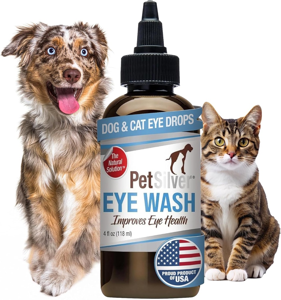 PetSilver Eye Drops for Dogs and Cats - Natural Dog Eye Wash - Ανακούφιση για Φλεγμονή & Ερεθισμό - Pet Eye Cleaner and Tear Stain Remover - Πατενταρισμένο Silver Formula - Made in The USA - 4 fl oz