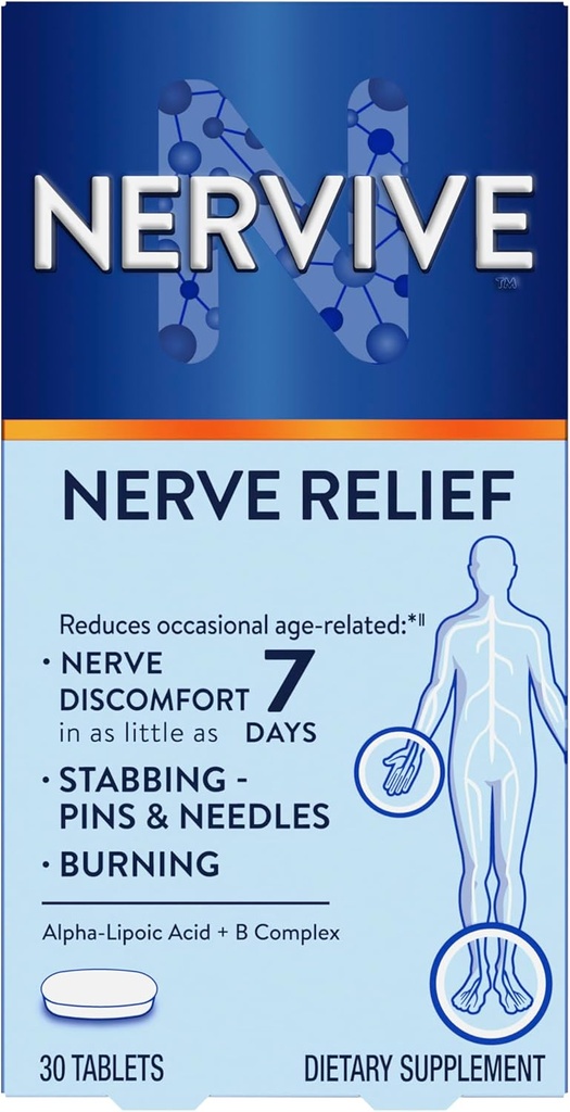 Nervive Nerve Relief, Occasional Nerve Discomfort II, Nerve Relief, Starts Working in 7 Days, Stabbing, Yanan, Alpha Lipoic Acid, B Vitamins, Turmeric, Ginger, Nervive Supplement, 30 Tablet