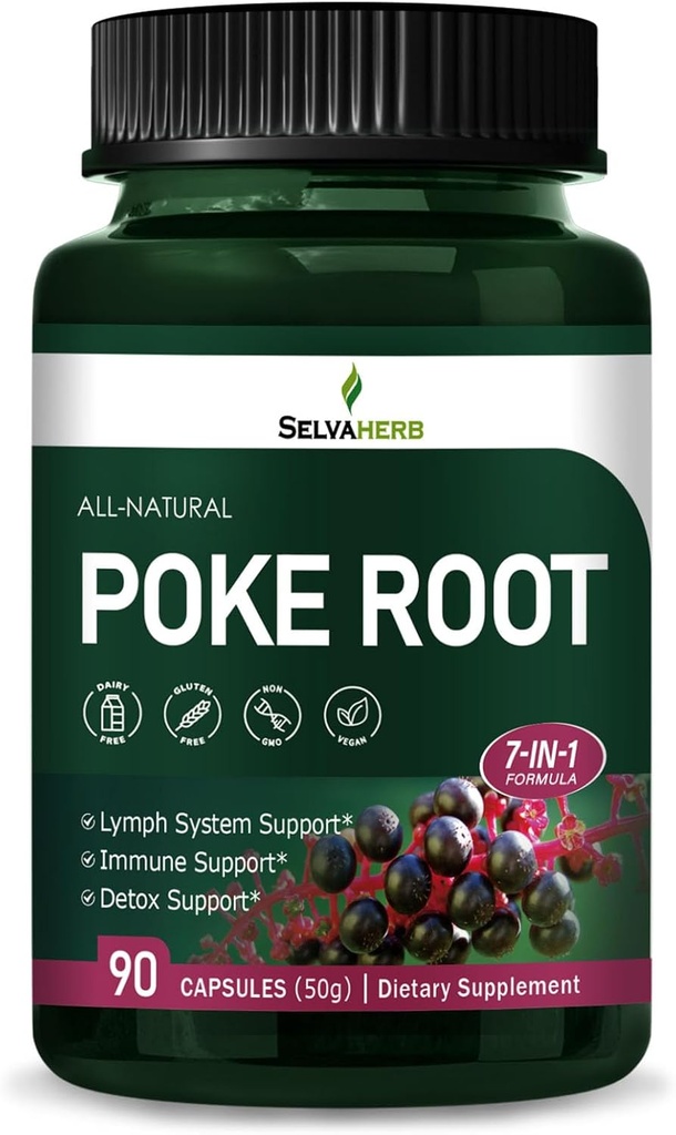 Poke Root Capsules Lymphatic Drainage Supplements, Lymph System Support for Edema with Red Root Extract, Dandelion for Immune Boost & Lymph Detox Cleanse. 90 Count