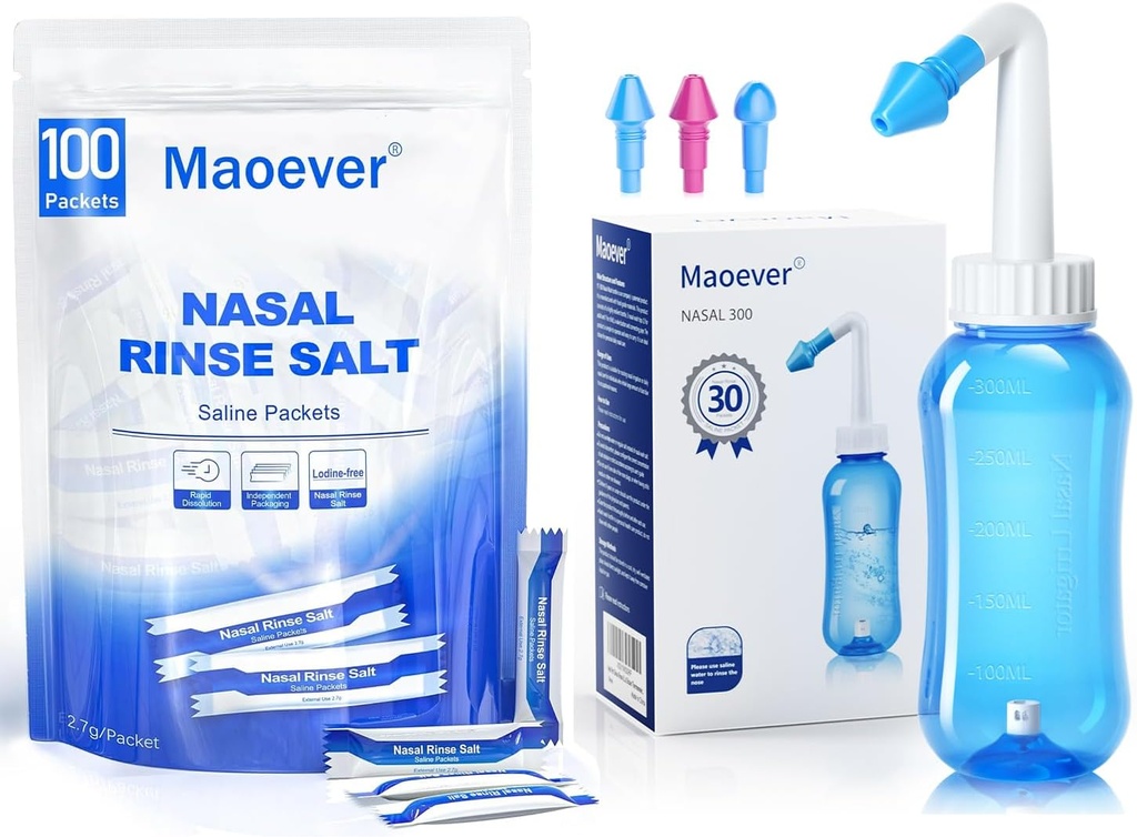 MAOEVER Neti Pot with 130 Nasal Wash Salt Packets Sinus Rinse Şişe Nose Yıkama Temiz Basınç Rinse Nasal Irrigation for Adult & Kid Alaska Free 300 ML Version Thermometer