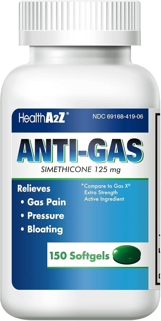 HealthA2Z® Gas Relief Simethicone | 125 mg | Stomach Discomfort and Gas | Anti Flatulence | Relieves Gas Fast and Bloating (150 Counts (Pack of 1)
