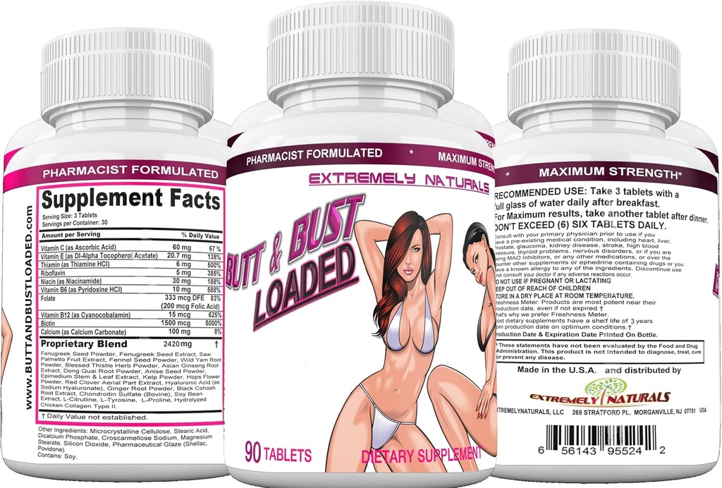 Amat & Bust Yüklendi, En İyi Em Enlargement, Butt Enlargement & Skin Darning Pills - Doğal Bust & Butt Advancedment - Kadın Vücut Artırılmışlığı - Fuller alın, Firmacı Memeler, Booty & Skin. 90 Tabs