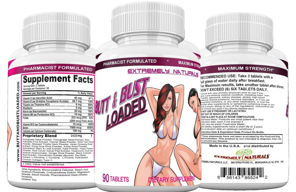 Butt & Bust Loaded, Best Breast Enlargement, Butt Enlargement & Skin Tightening Pills - Natural Bust & Butt Enhancement - Female Body Augmentation – Get Fuller, Firmer Breasts, Booty & Skin. 90 Tabs