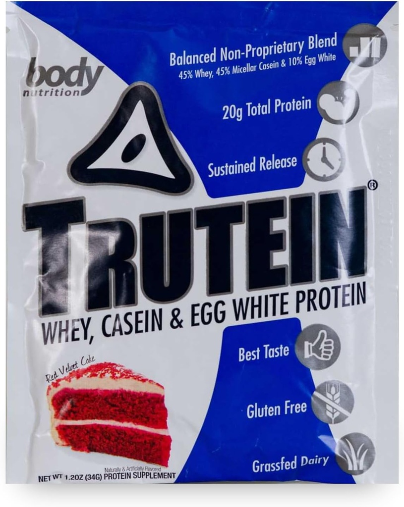 Vücut Beslenme Trutein Yüksek Protein Tozu:% 45 Whey,% 45 Casein,% 10 Egg White, Gluten-Free, Low sodyum, Grass Fed Whey Protein Toz, Gym Supplement & Breakfast Shake, Red Velvet Kek, 34g Örnek