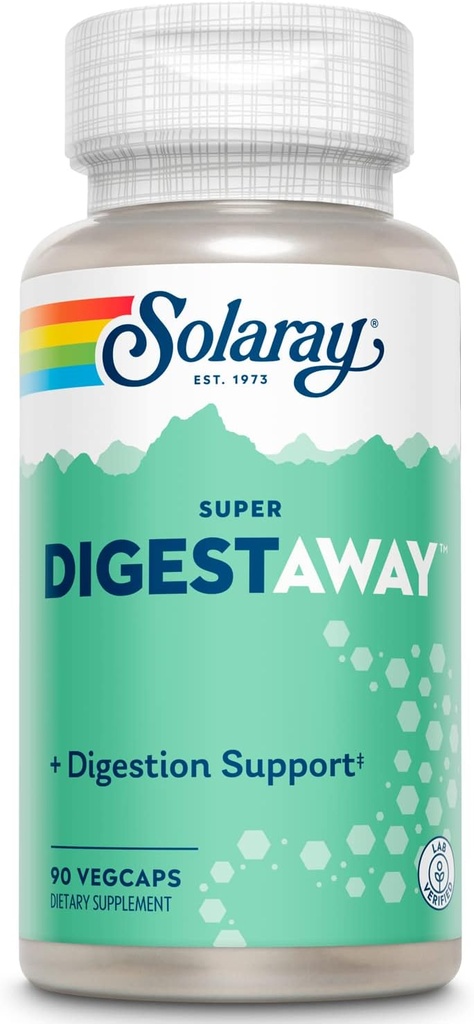 SOLARAY Super Digestaway Digestive Enzymes - Pancreatin, Papain, Ginger, Pepsin, Betaine HCl, Aloe Vera ve daha fazlası - Digestion & Nutrient Abxia Support - Lab Onaylandı - 90 VegCaps
