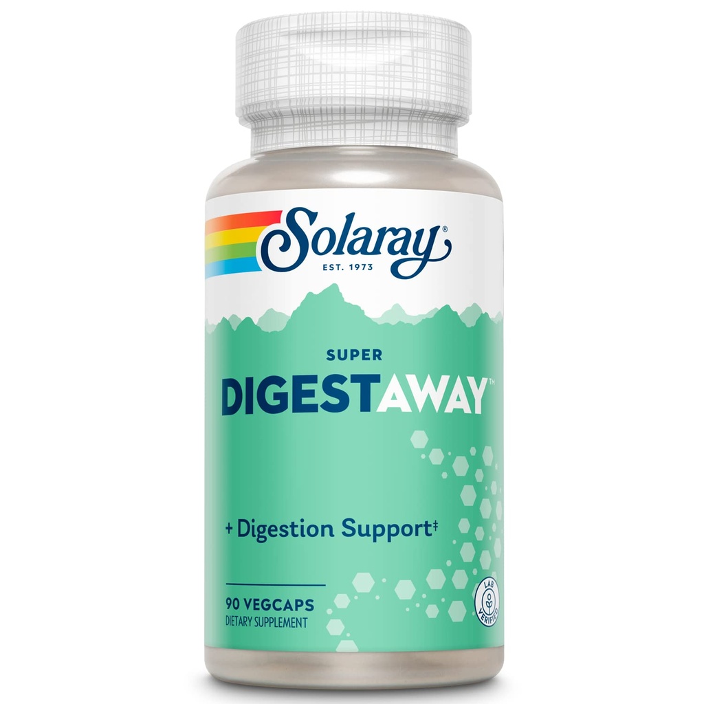 SOLARAY Super Digestaway Digestive Enzymes - Pancreatin, Papain, Ginger, Pepsin, Betaine HCl, Aloe Vera ve daha fazlası - Digestion & Nutrient Abxia Support - Lab Onaylandı - 90 VegCaps