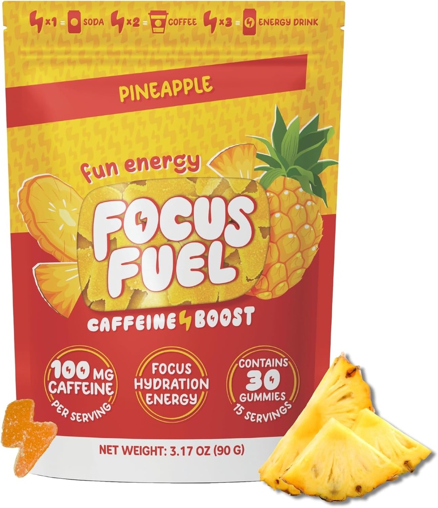 FocusFuel Energy Chews – Pineapple Flavor (15 Servings) – 100mg Caffeine + Alpha GPC + L-Theanine + B12, Magnesium – Tropical Energy Boost – No Crash or Jitters