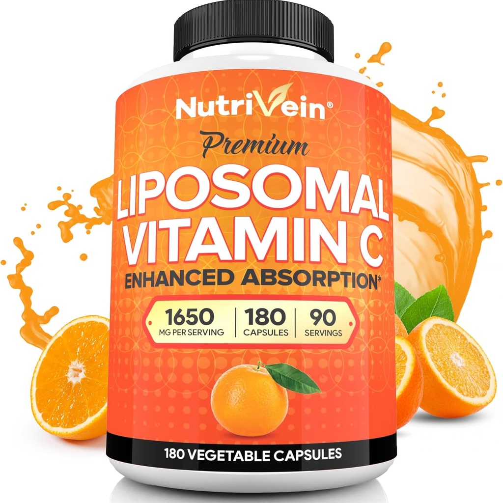 Nutrivein Premium Liposomal Vitamin C Supplement 1650mg - 180 Caps: High-Absorption High Dose Vitamin C Capsules for Whole-Body Defenses & Overall Well-Being