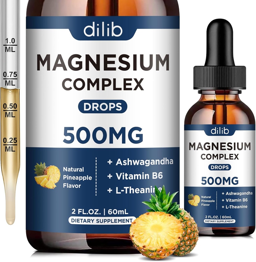 Triple Complex Supplement-Magnesium Glycinate, Citrate, Malate Liquid Drops 500 mg with Ashwagandha, L-Theanine, Vitamin B6 for Calm, Stress Relief, Sleep, Muscle Support-Pineapple Flavor