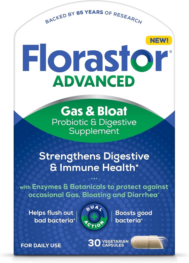 Florastor Advanced Gas and Bloat Probiyotik, Digestive Enzymes and Botanicals, Plus Probiyotiks for Digestive Health, 30 Capsules