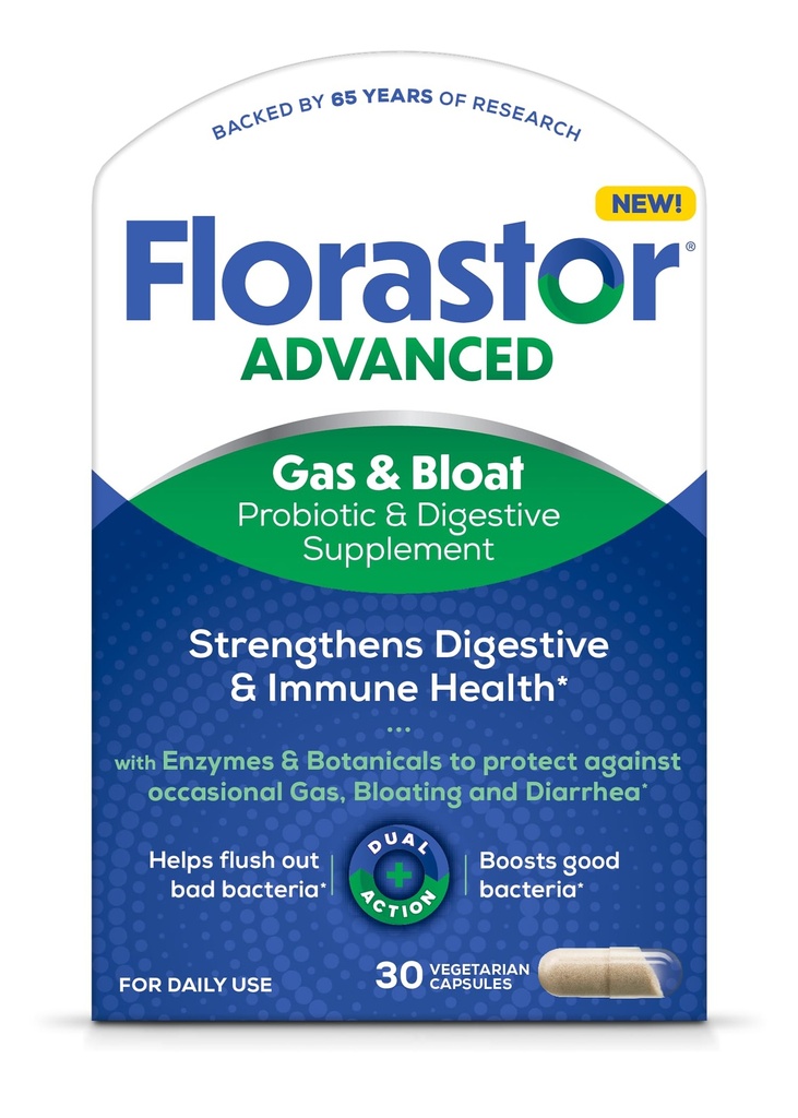 Florastor Advanced Gas and Bloat Probiyotik, Digestive Enzymes and Botanicals, Plus Probiyotiks for Digestive Health, 30 Capsules