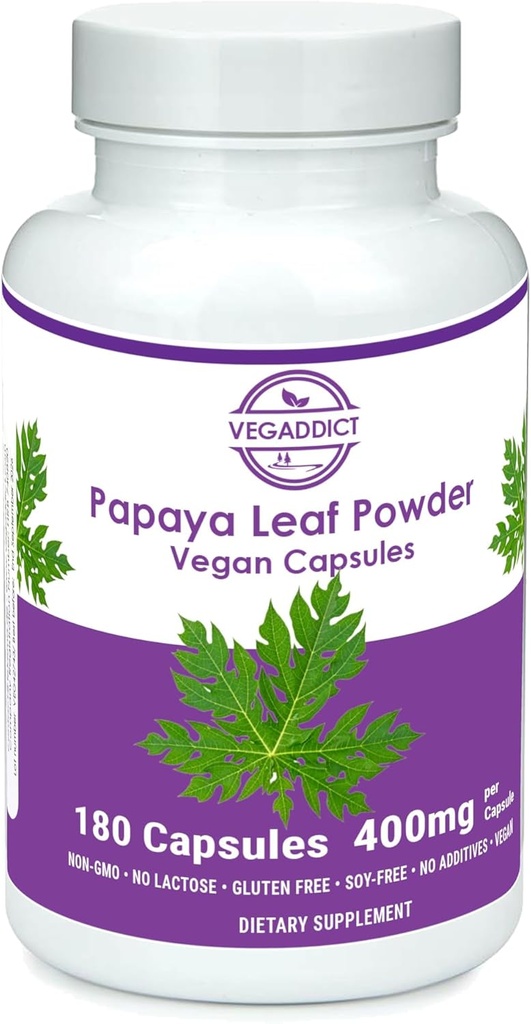 Papaya Leaf Toz | 340 mg Capsules | ethycally sourced | Plalet Desteği | Gluten & Lactose Free | Soy-Free | Nomixs | Non-GMO | Vegan | Beslenme Supplement | Diyetsel Tamam (180X)