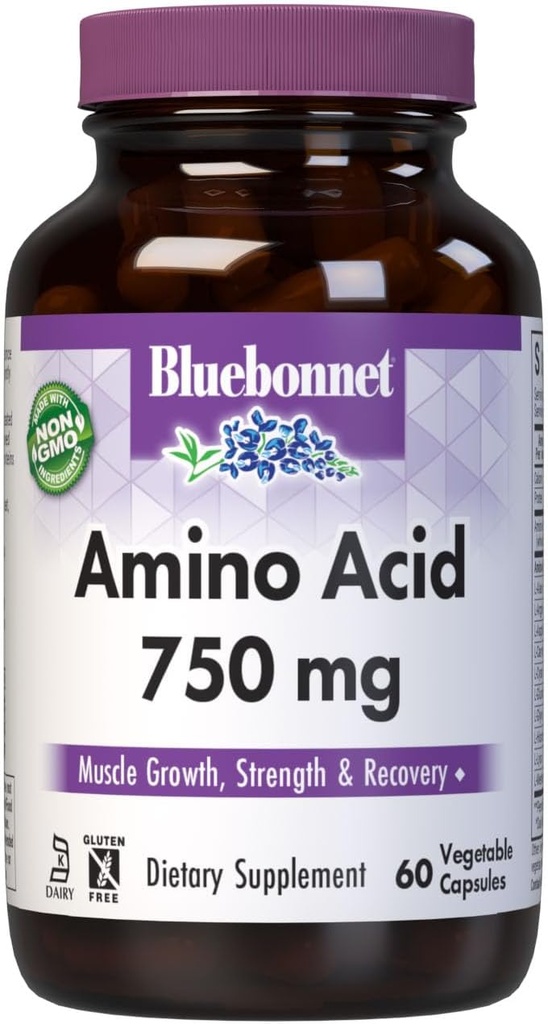Bluebonnet Beslenme Amino Asit 750 mg, Yüksek Potency, Kas Health*, Soy-Free, Gluten-Free, Non-GMO, Kosher Süt, Beyaz 60 Sebze Kapsülleri, 15 Hizmet