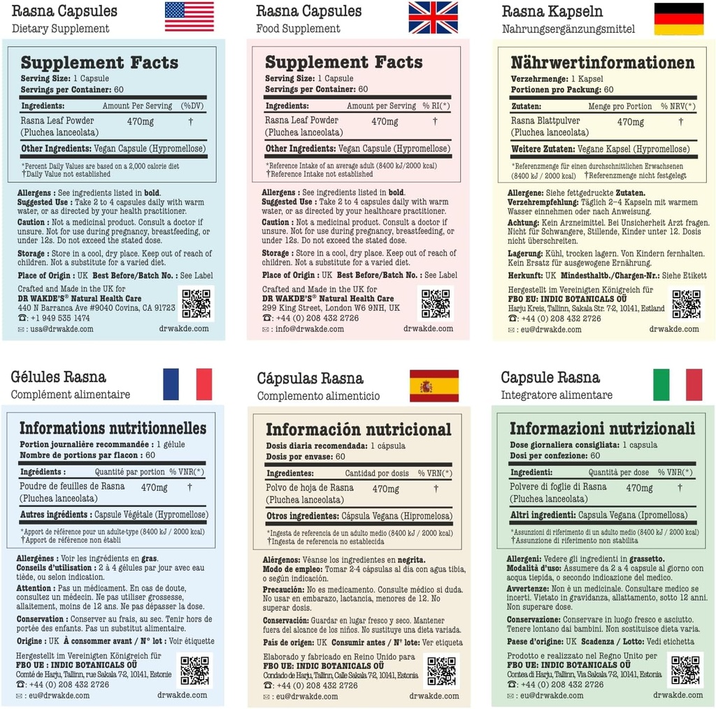 DR WAKDE'S Rasna Capsules (Pluchea lanceta, 60 Veg Caps, Plant-Based Supplement, Ayurvedic Herb, All Natural, Vegan)