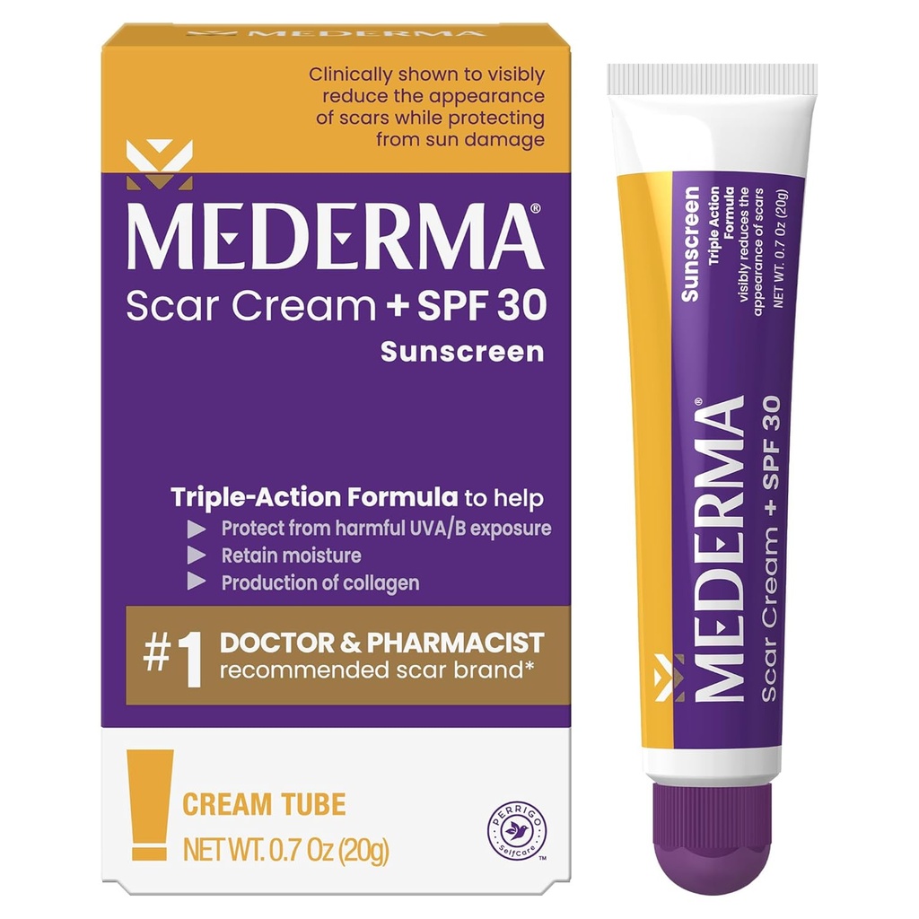 Κρέμα ουλή Mederma Plus SPF 30 - Προηγμένη θεραπεία ουλών, προστατεύει από τη ζημιά στον ήλιο, μειώνει την εμφάνιση ουλών από την ακμή, εγκαύματα, χειρουργική επέμβαση και τραυματισμούς, 0,7 oz