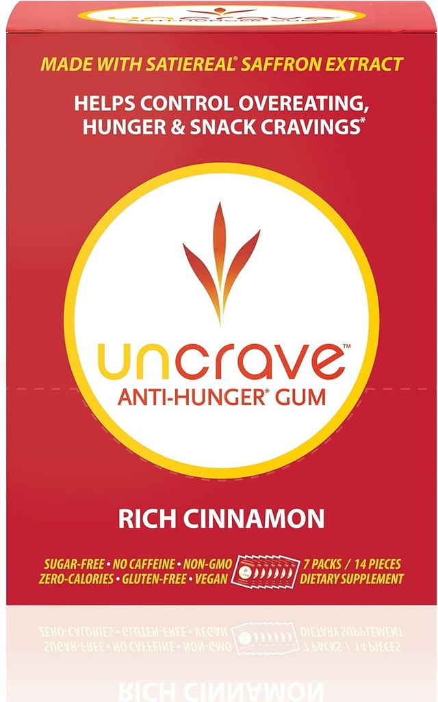 UNCRAVE τσίχλα - εγχύεται με 100% καθαρό εκχύλισμα σαφράν – Ελέγχους - Βελτίωση Mood - Όραση Υγεία - Πλούσια Κανέλα (14 κομμάτια)