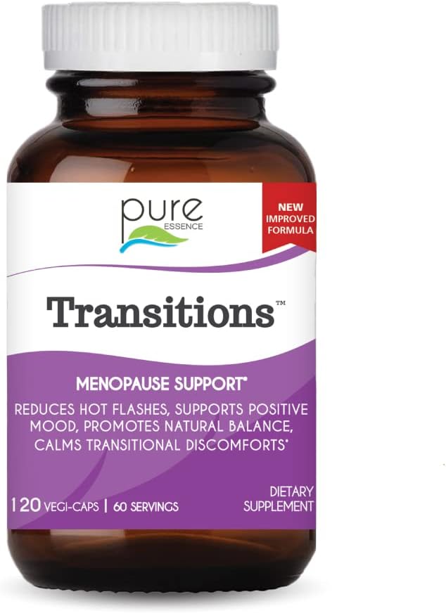 Pure Essence Labs Transitions Βιταμίνες για γυναίκες, Φυσική Εμμηνόπαυση Συμπλήρωμα ανακούφισης για την προώθηση της ισορροπίας ορμονών, μείωση καυτές αναλαμπές, Mood Swings & Night Sweats, 120 κάψουλες