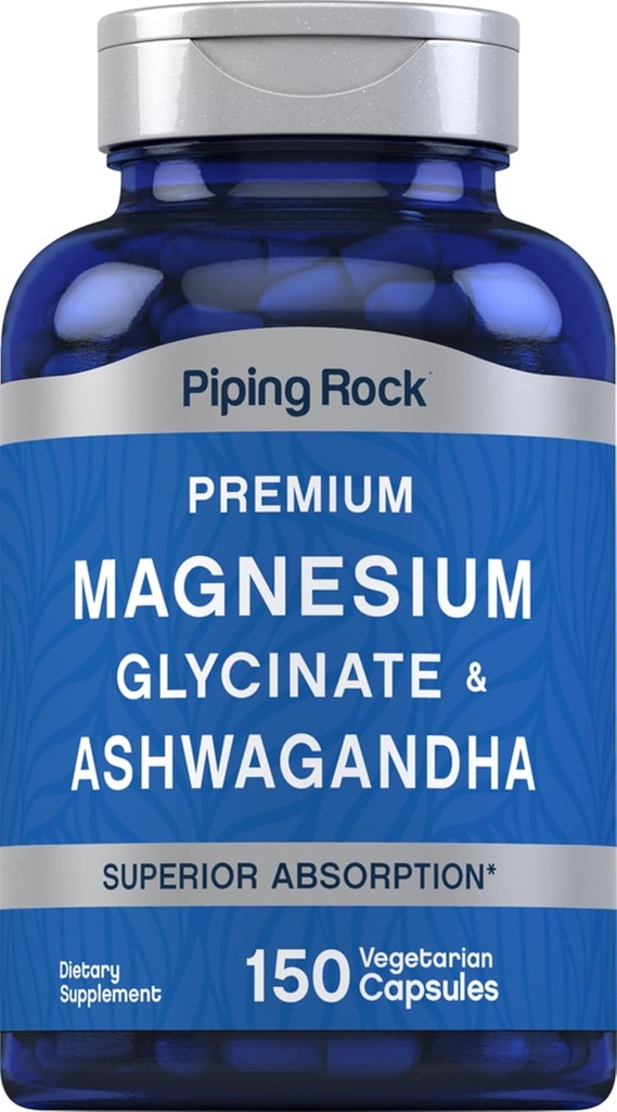 Piping Rock Magnezyum Glycinate ve Ashwagandha | 150 Capsules | Premium Komplek Formula | Vegetarian Supplement | Non-GMO, Gluten Free Free