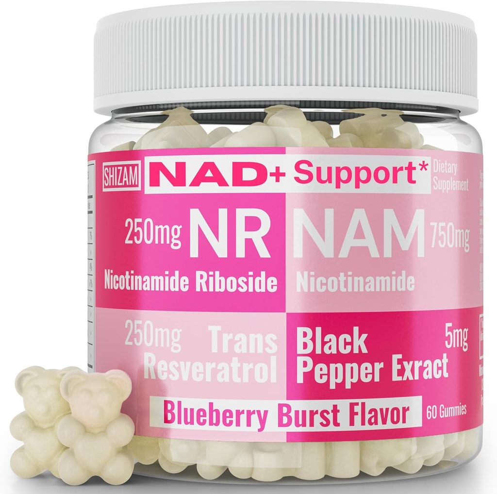 SHIZAM Nicotinamid Riboside NR NAM Resveratrol Gummies, 1000 mg NAD+ NAD + Plus Nrf2 Activator ATM w Pure Niacinamid Vitaminleri B3 Capsules Pills Toz Supplements Alt NDA Regenerator 500 mg