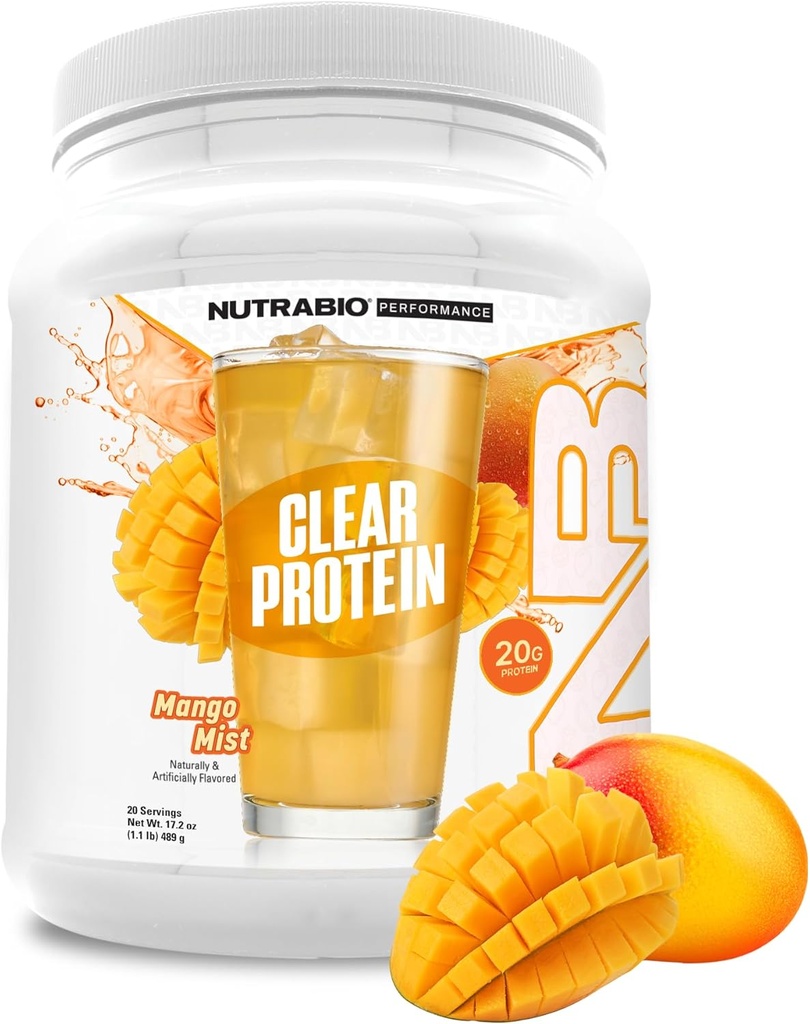 NutraBio καθαρή πρωτεϊνική σκόνη, Mango Mist - 20 εξυπηρετήσεις, 20g Clear Whey Protein Isolate, 0 Ζάχαρη, 0g Λακτόζη, αναζωογονητικά αρώματα φρούτων, GLP1 Υποστήριξη - Υγεία των οστών - Ανάκτηση μυών μετά την προπόνηση