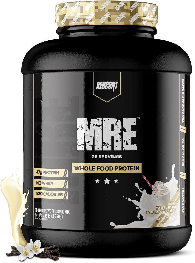 REDCON1 MRE Protein Powder, Vanilla Milkshake - Meal Replacement Protein Blend Made with MCT Oil & Whole Foods - Protein with Natural Ingredients to Aid in Muscle Recovery (25 Servings)