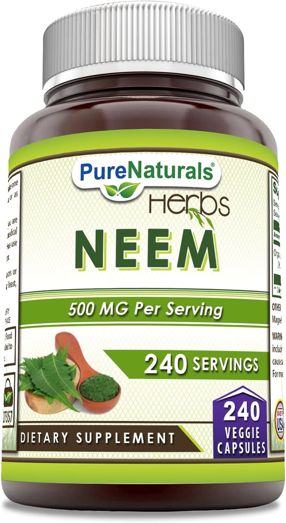 Pure Naturals Neem (Made with Natural Neem Leaf) | 240 Veggie Capsules Supplement | Non-GMO | Gluten Free | Made in USA | Ideal for Vegetarians