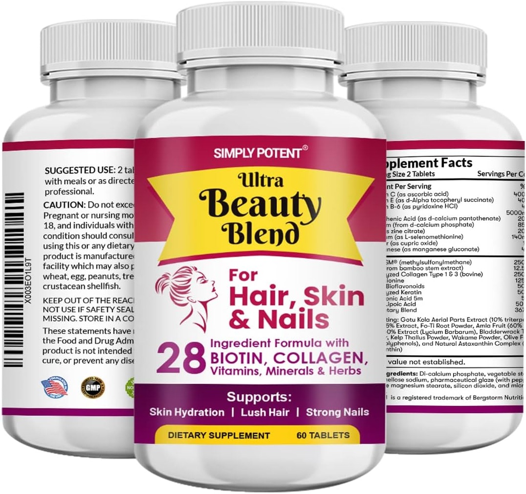 Sadece Potent Hair Skin ve Nails, 28 Malzemeler Anti-Aging Natural Supplement, Biotin 500006 for Hair & Nails, Keratin & MSM for Hair growth, Collagen & Hyaluronic Acid for Skin, 60 Tablets