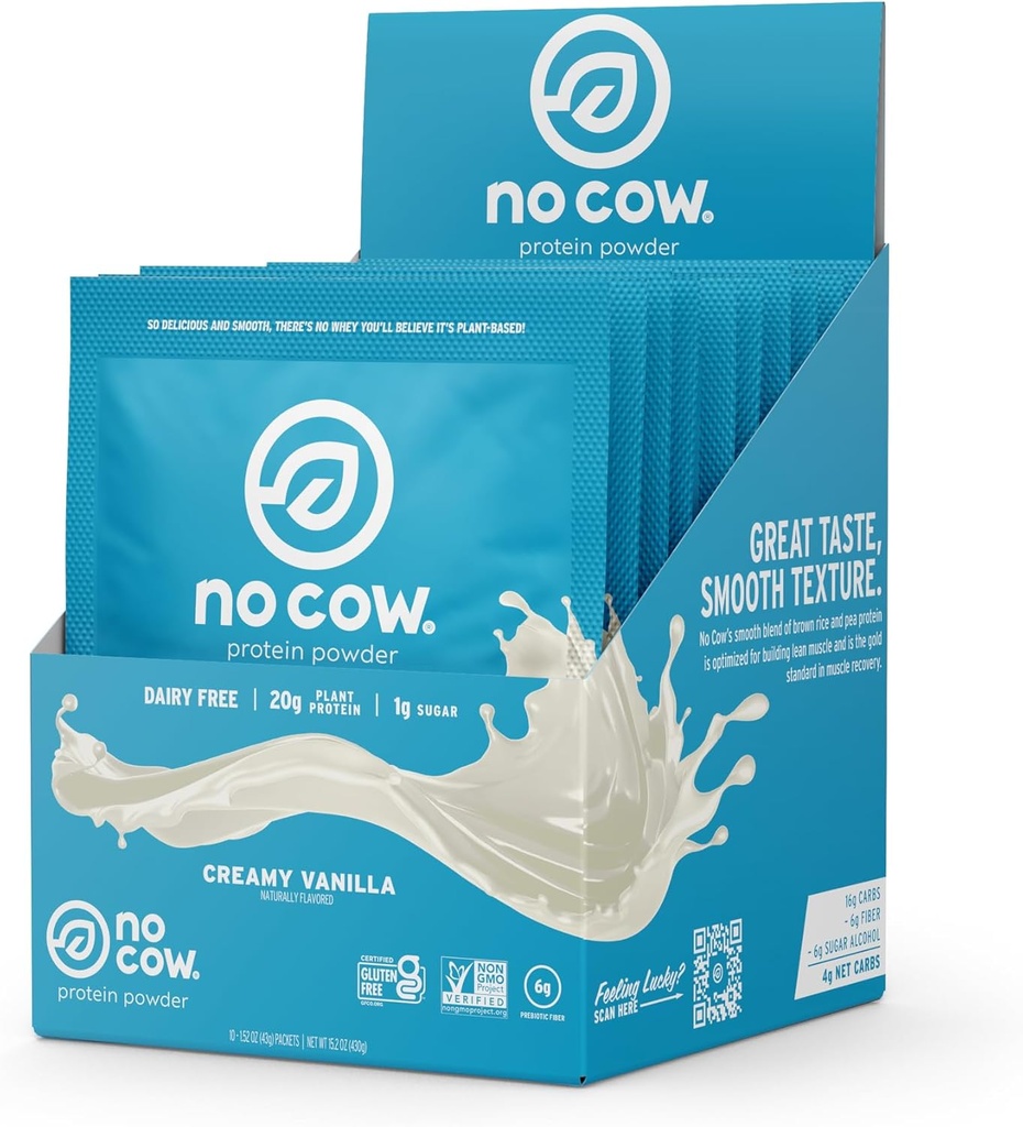 Χωρίς σκόνη πρωτεΐνης vegan αγελάδων, βανίλια, 20g πρωτεΐνη με βάση φυτά, ενιαία πακέτα σερβίρετε, χωρίς γαλακτοκομικά, χωρίς σόγια, χωρίς προσθήκη ζάχαρης, Keto φιλικό, χωρίς γλουτένη, φυσικά γλυκαντικά, μη ΓΤΟ, Kosher, 10 κόμης