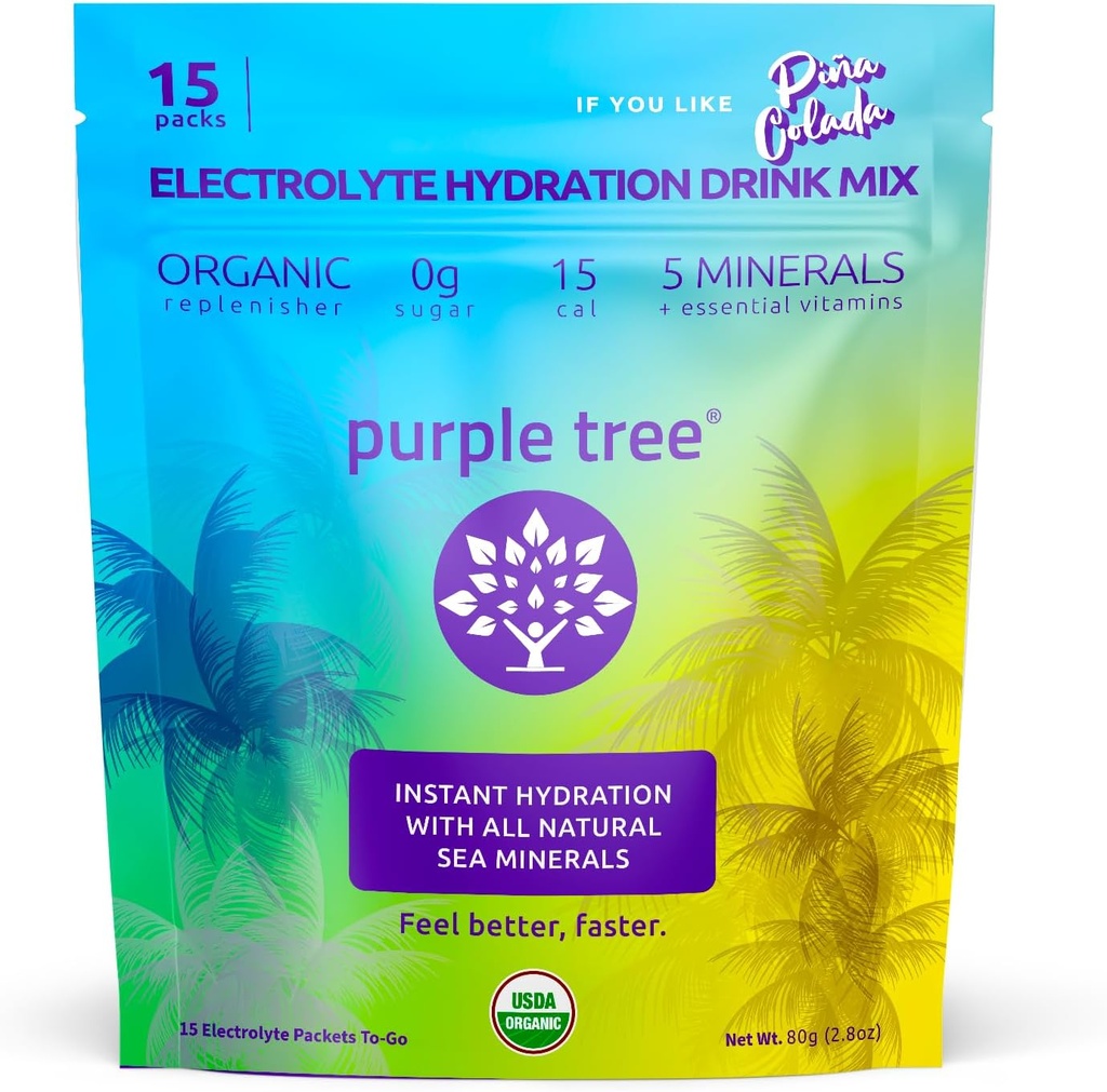 Mor Tree Organic Electrolyte Hydration Packets – Pina Colada Flavor, Sugar-Free Liquid Hydration Sticks for Rapid Rehidr, Daily Electrolyte Drink Mix for Dehidr Relief, 15 To-Go Packs