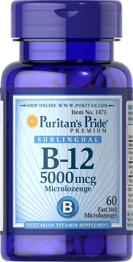 Puritans Pride Vitamin B-12, Gıdaı Enerjiye Dönüştürmeye Yardımcı olur* 5000 Mcg Sublingual- Microlozenges, 60 Kont ( 1)