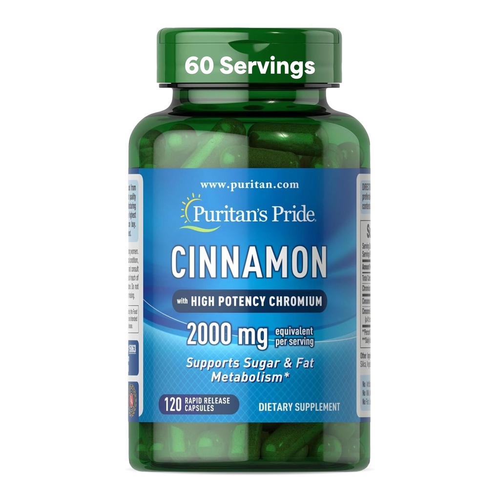 Κανέλα Υπερηφάνειας του Πουριτάν 875 mg (2000 mg Ισοδύναμο) με Χρώμιο Υψηλής Ικανότητας, Υποστηρίζει Ζάχαρη, Λιπαρά και Υγιή Θρεπτικό Μεταβολισμό, Κυτταρική Ενέργεια, 2 Μήνες Προσφορά, 120 Κάψουλες ταχείας απελευθέρωσης